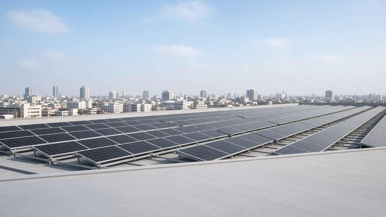Rows of tilted solar panels on the flat roof of a commercial building, with a city skyline beyond.