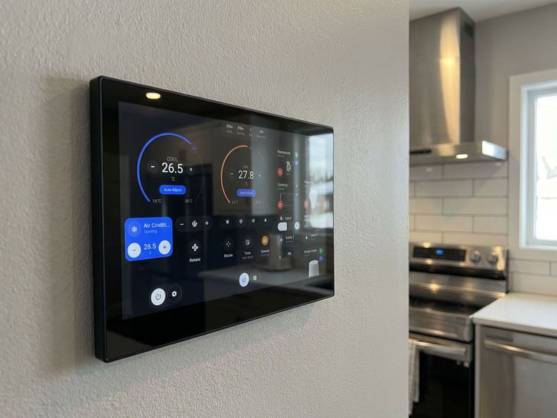 A wall-mounted smart home touch panel showing air conditioning controls, beside a kitchen.