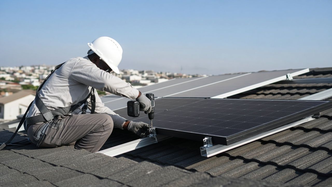 A technician in a hard hat fixing a solar panel to roof rails on a home.
